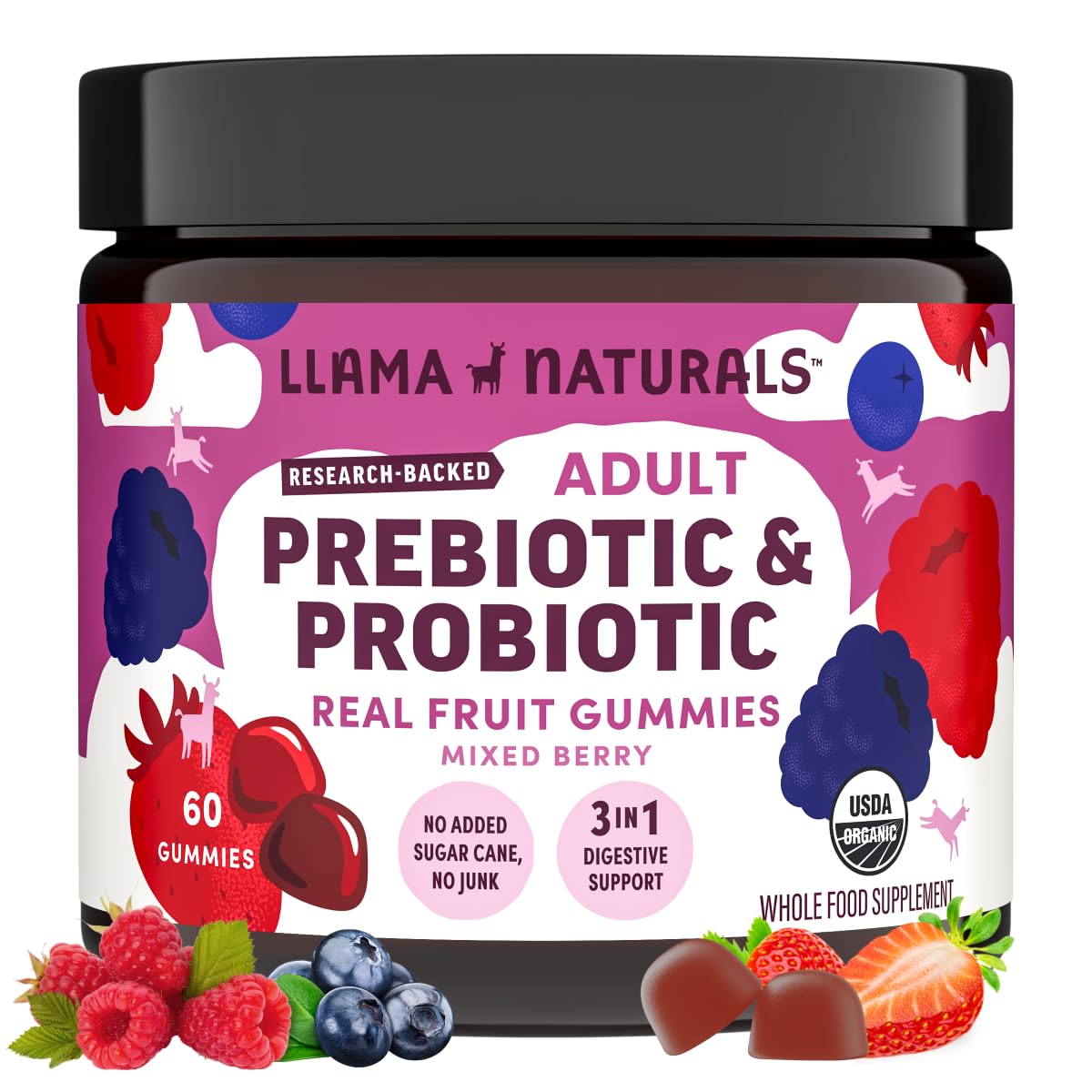 Llama Naturals Probiotics bottle with Mixed Berry label