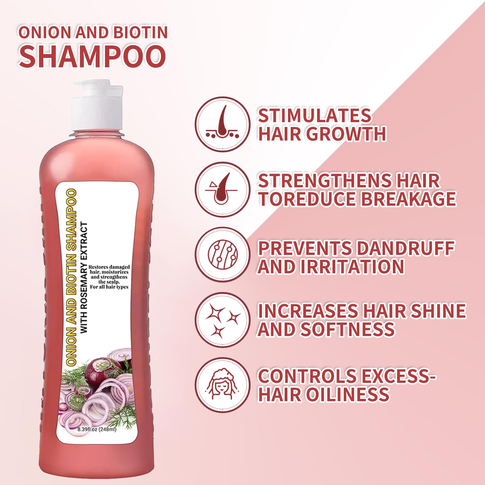 LMDGDS Onion Biotin Rosemary Shampoo ingredients panel with essential oils for scalp care.