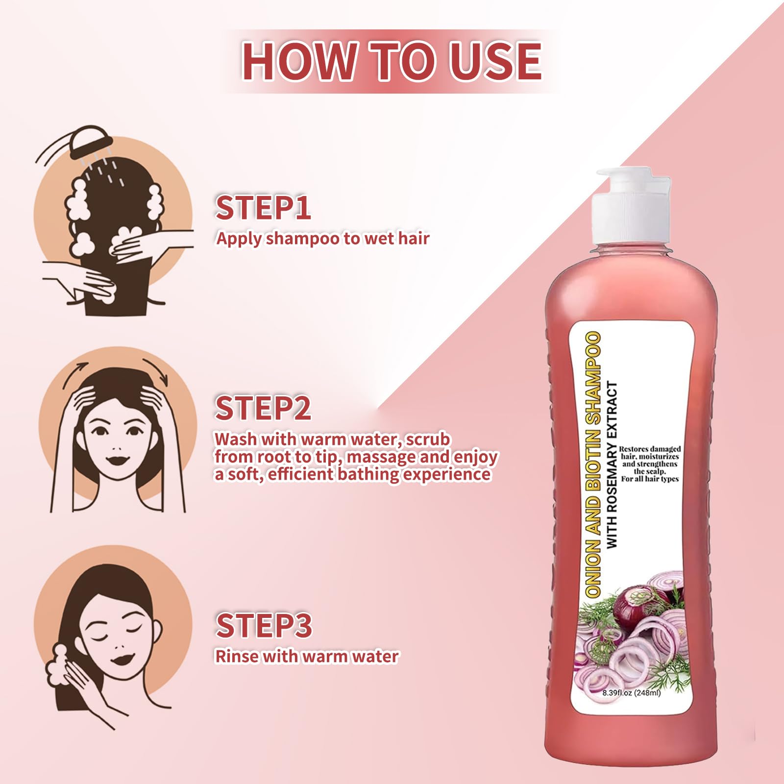 LMDGDS Onion Biotin Rosemary Shampoo usage demonstration showing rich lather and easy rinse.