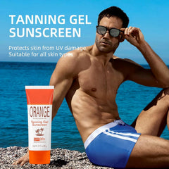 LMDGDS Orange Tanning Gel Sunscreen demonstrates water resistant performance at the beach.