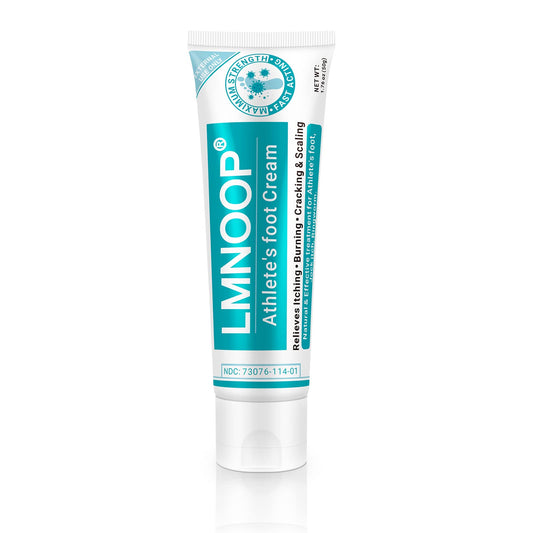 LMNOOP Athletes Foot Cream tube closeup showing rapid anti-fungal action.