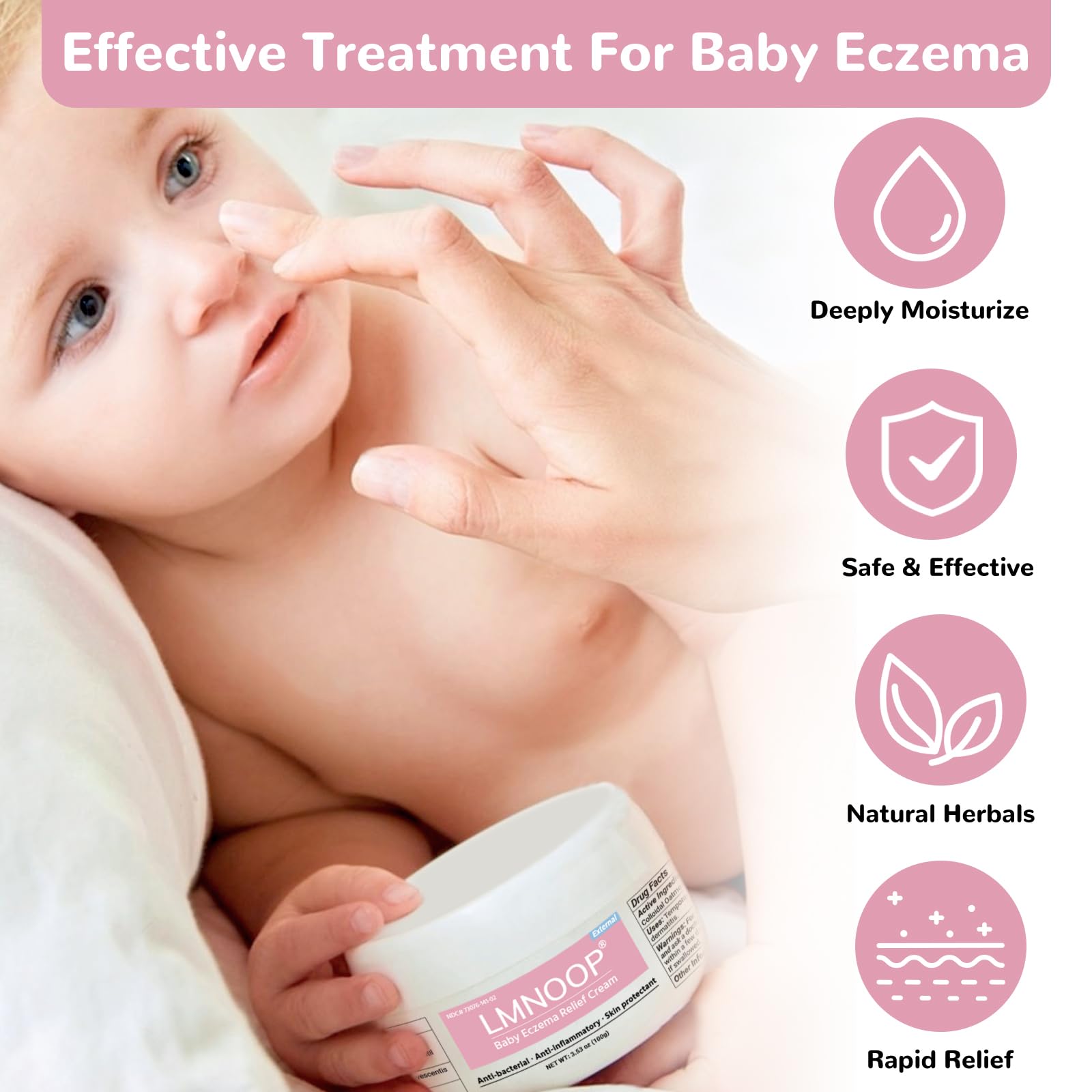 LMNOOP Baby Eczema Relief Cream close-up shows lightweight, non-greasy texture
