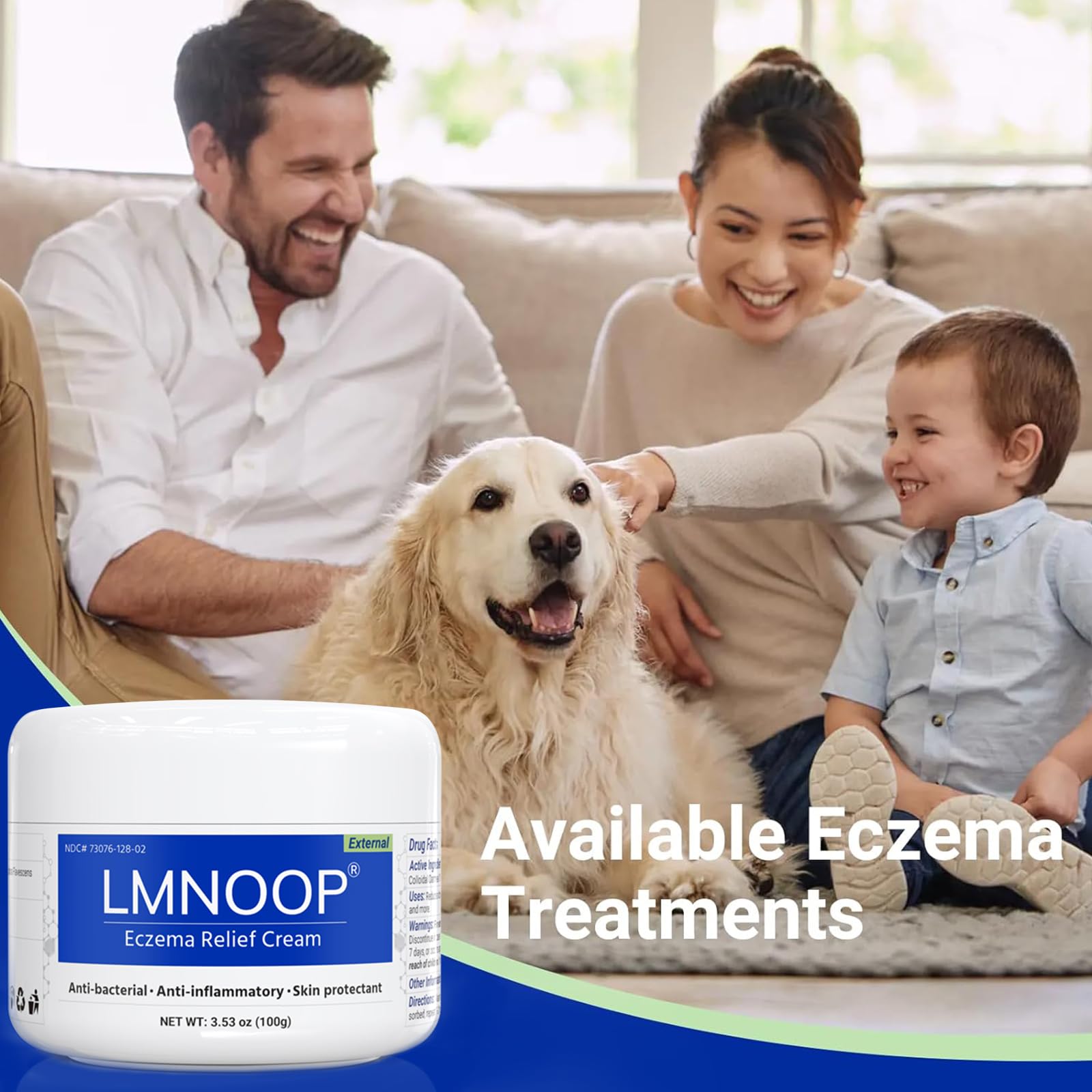 LMNOOP eczema cream in bathroom setting suggests daily routine use for ongoing comfort.