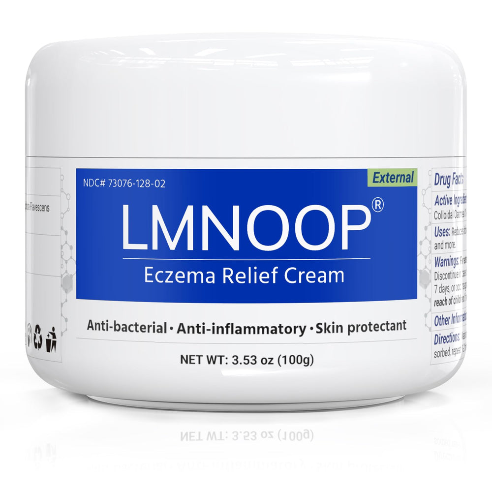 LMNOOP eczema cream on vanity demonstrates family-friendly routine with safe, all-natural ingredients.