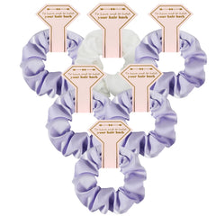 Loanzeg satin bridesmaid scrunchies in white and purple six pack for wedding party favors.