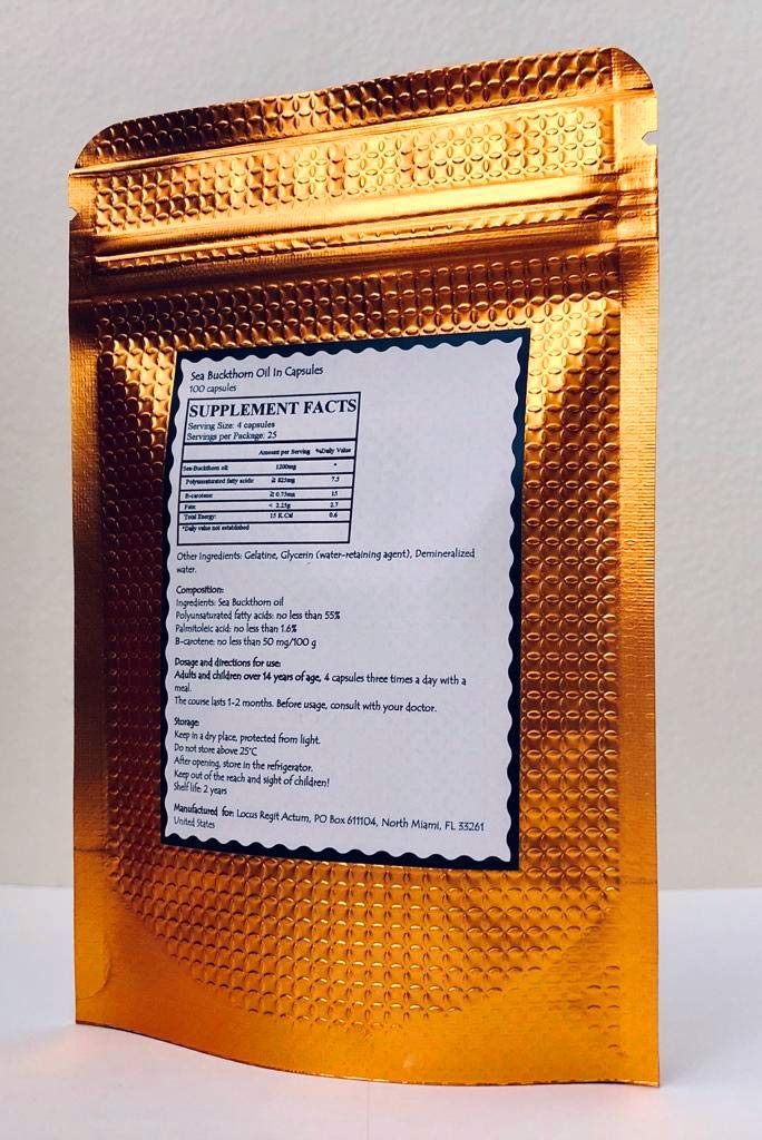 Close-up of sea-buckthorn oil capsules bottle and label