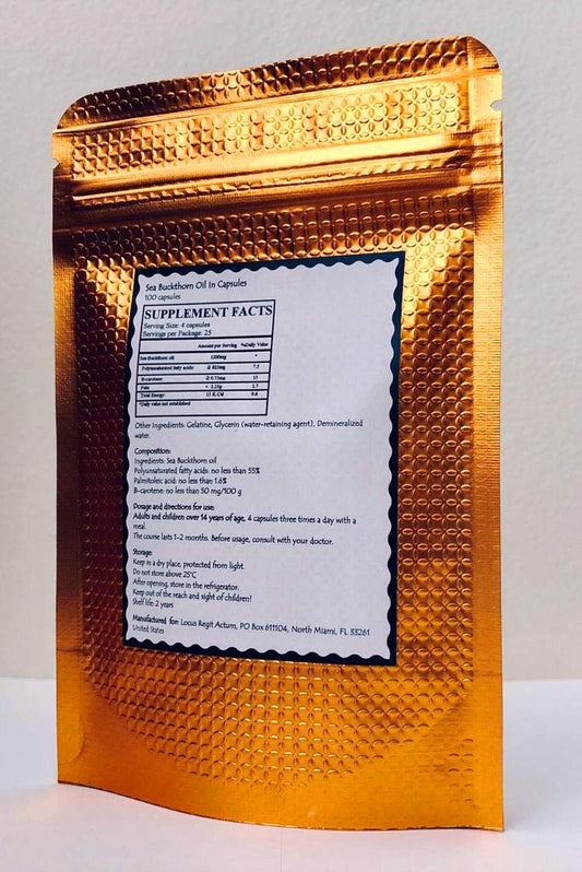 Close-up of sea-buckthorn oil capsules bottle and label