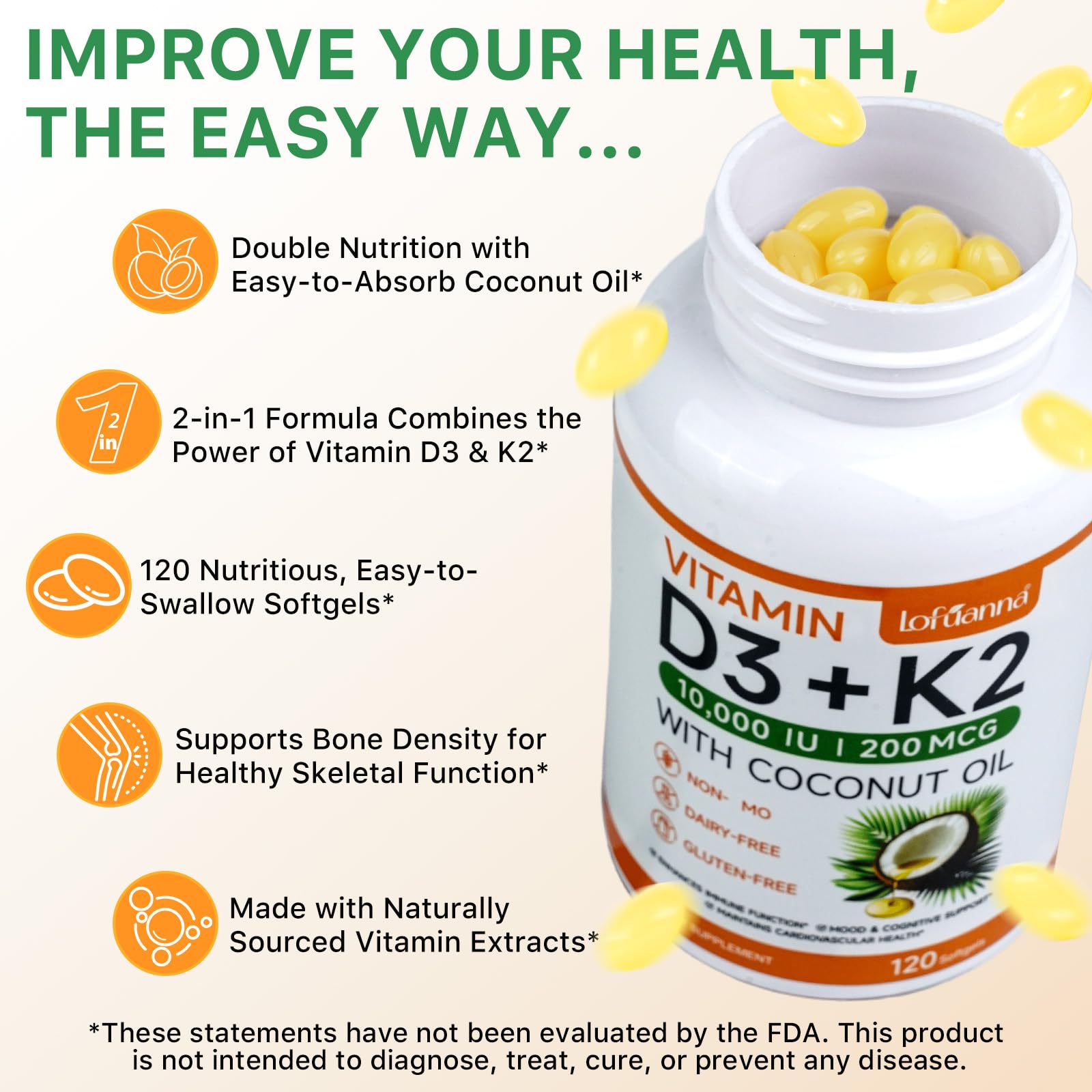 Close-up of Lofuanna D3 K2 softgels in bottle
