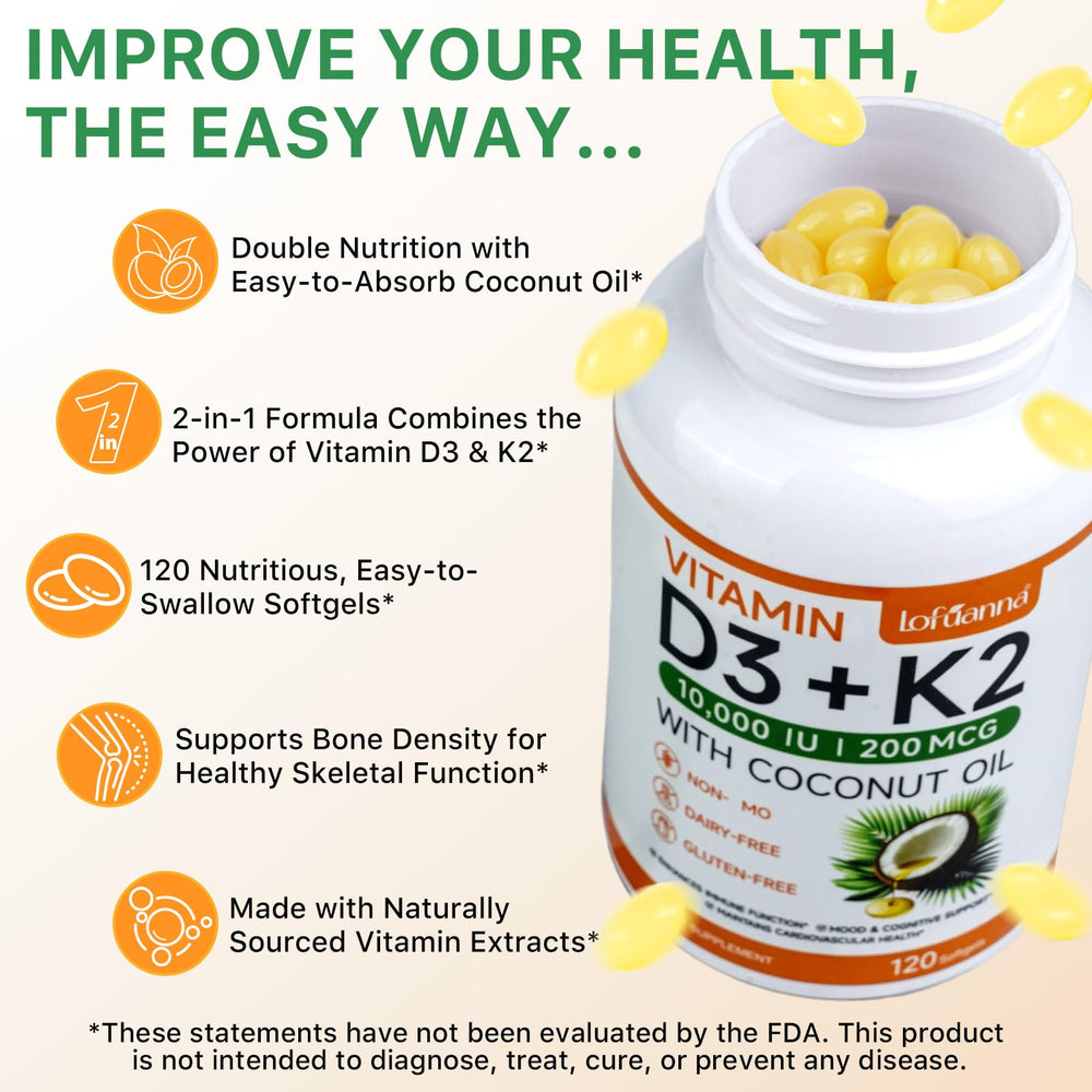 Close-up of Lofuanna D3 K2 softgels in bottle