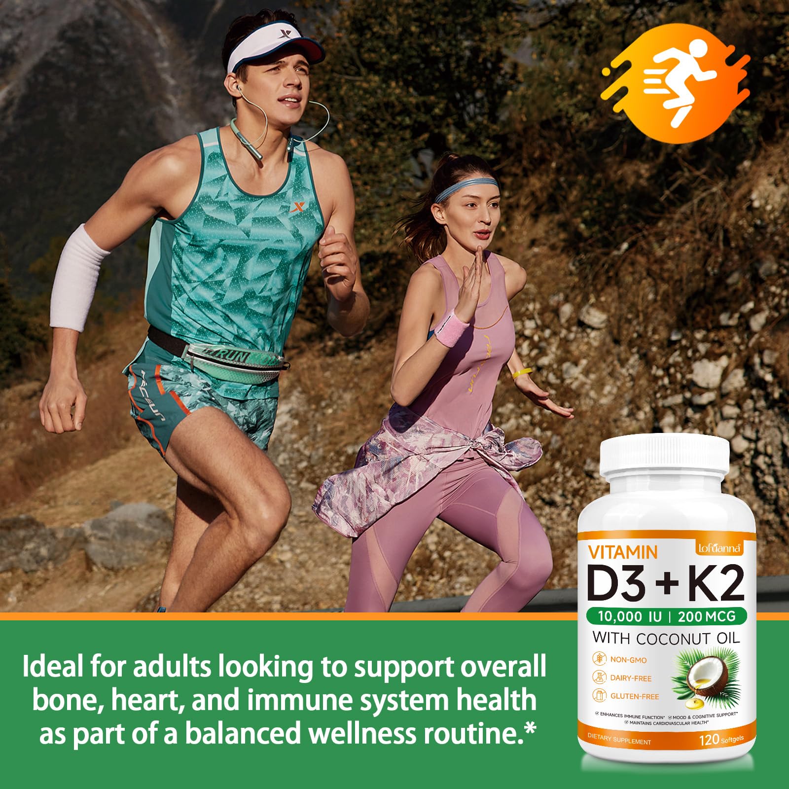 Active adult lifestyle with vitamin D3 K2 supplement