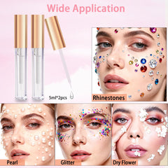 Loikmiup adhesive closeup dry-time shows quick set for eye gems.