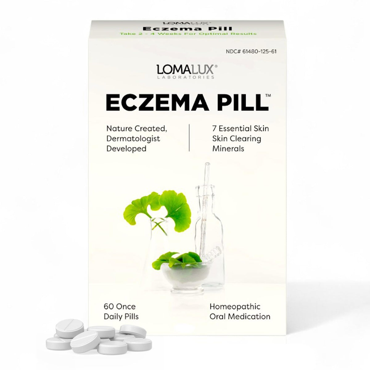 Loma Lux Eczema Pills bottle front for daily non-drowsy eczema support.
