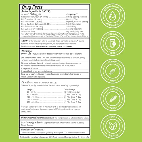 Loma Lux Eczema Pills Made in USA badge and safety labeling.