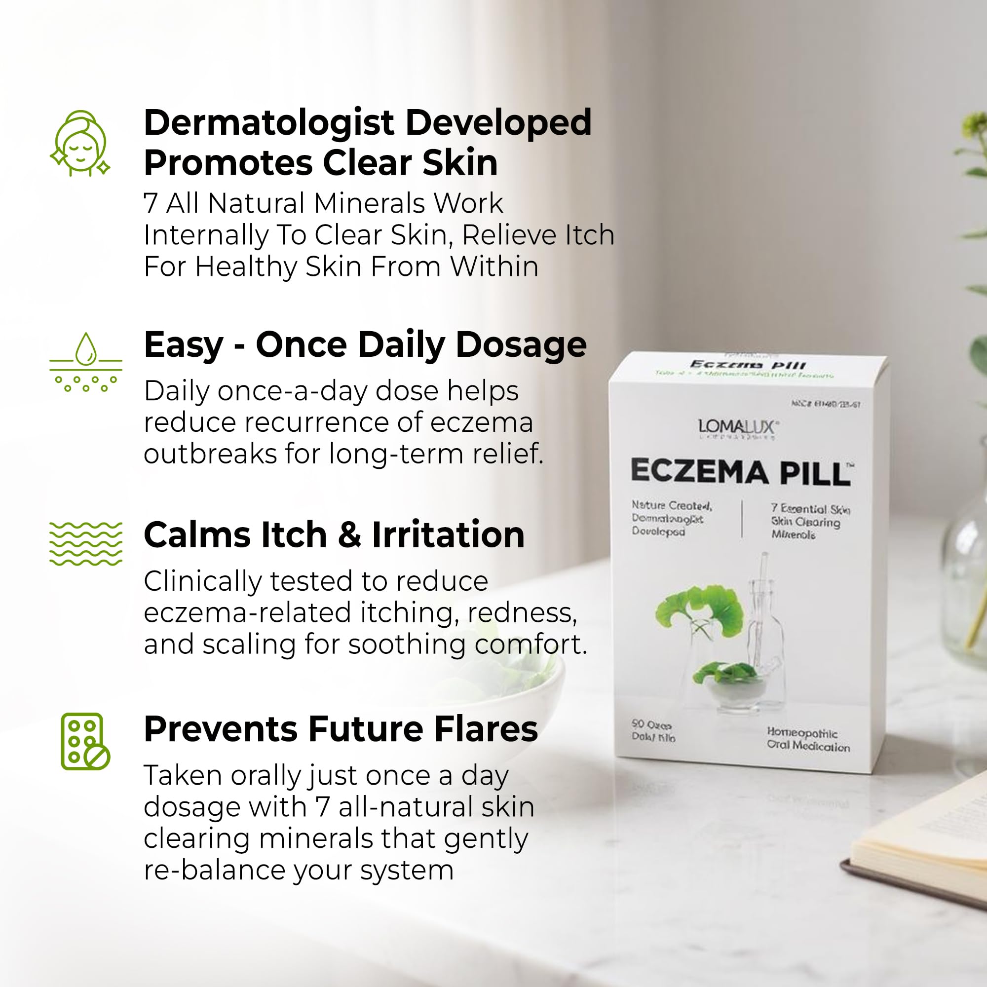 Loma Lux Eczema Pills packaging demonstrating suitability for adults and kids.