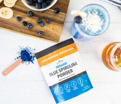 Blue spirulina powder package from Lone Star Botanicals, no fishy smell.