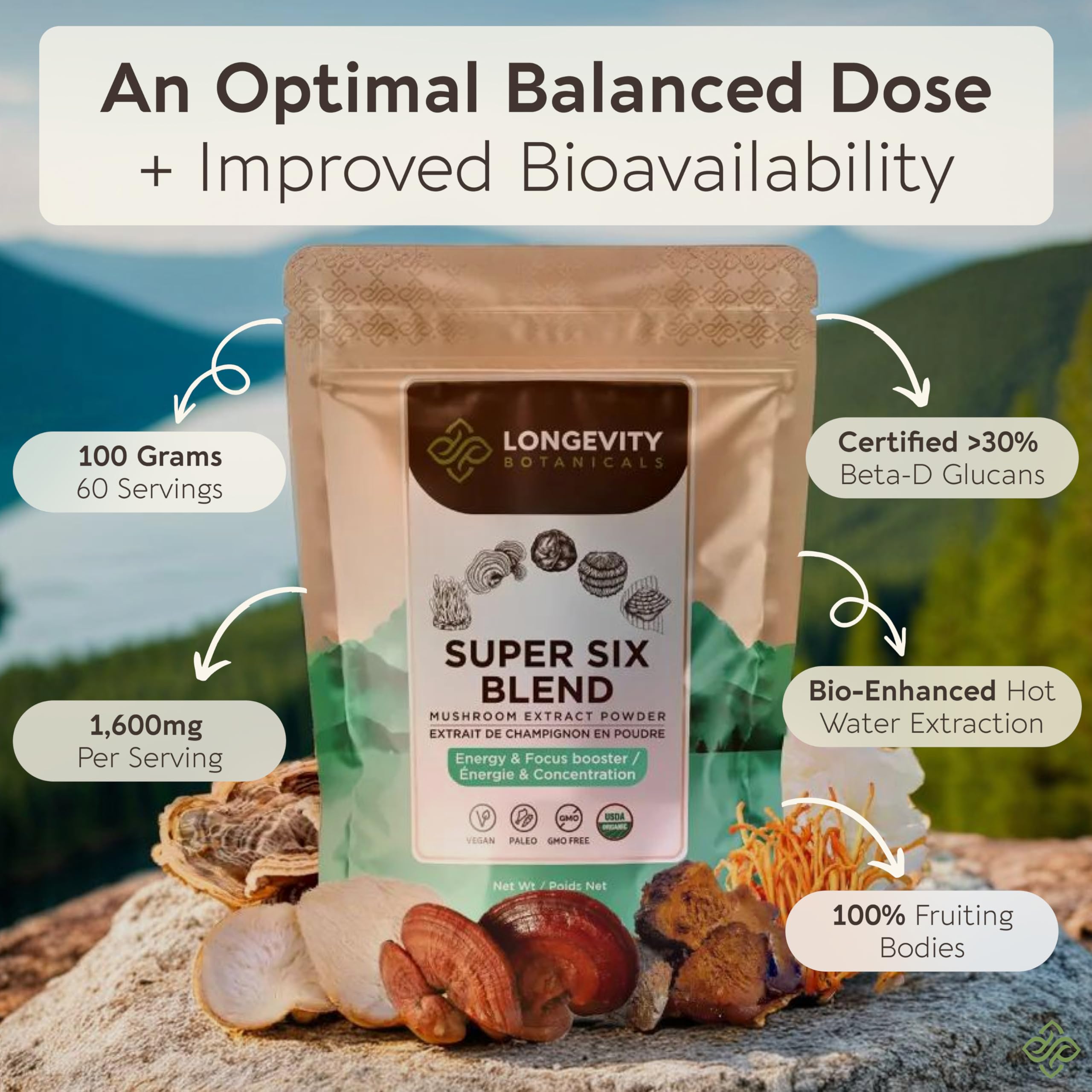 Tremella (Snow Fungus) mushroom - Longevity Botanicals Super Six Organic Mushroom Blend 100g