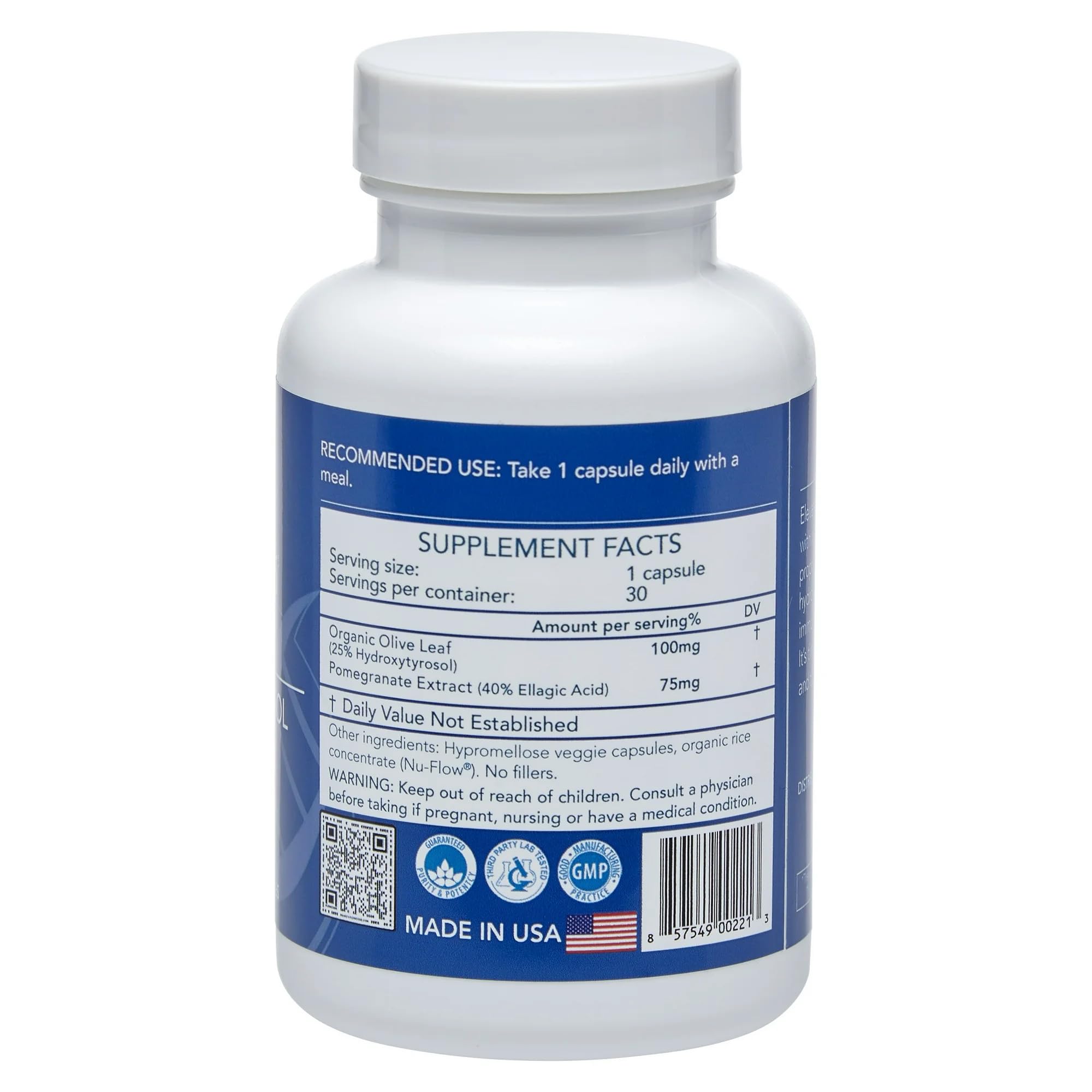 Back view of Longevity by Nature bottle containing 30 capsules
