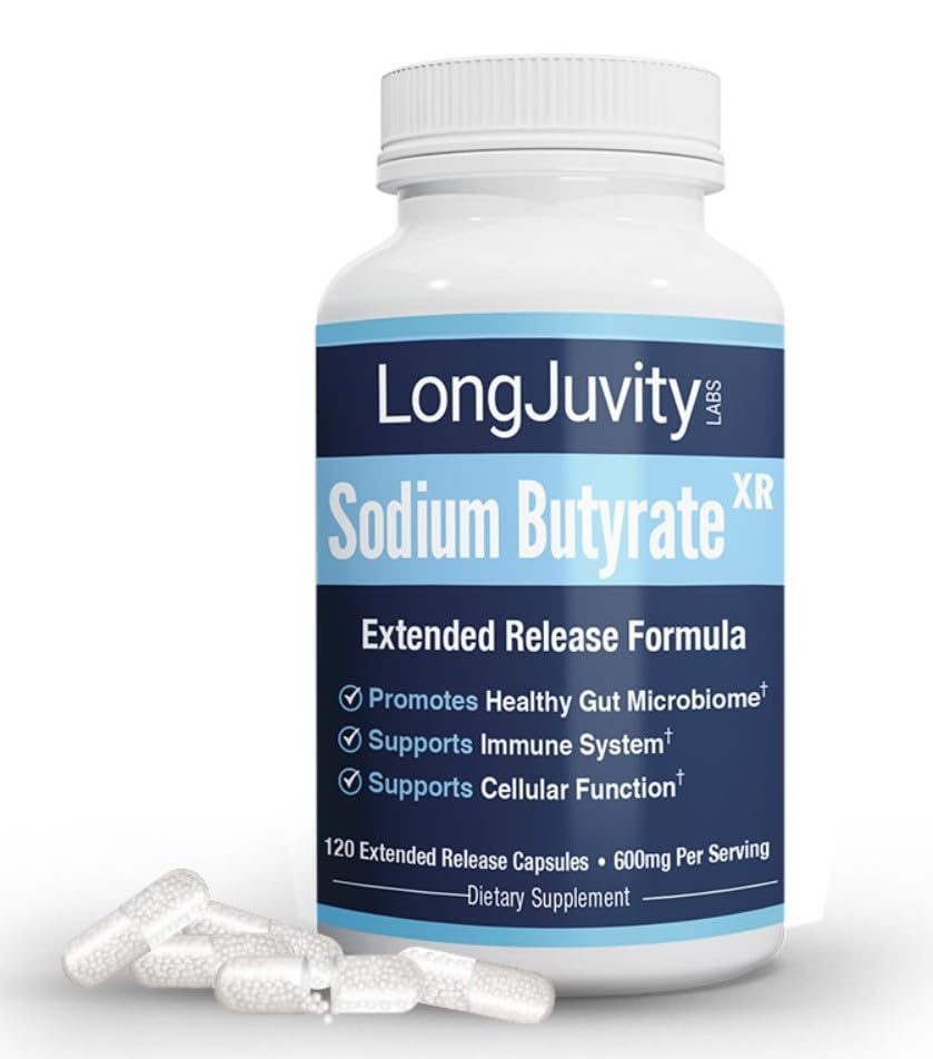 Bottle of LongJuvity Sodium Butyrate 300mg extended-release capsules