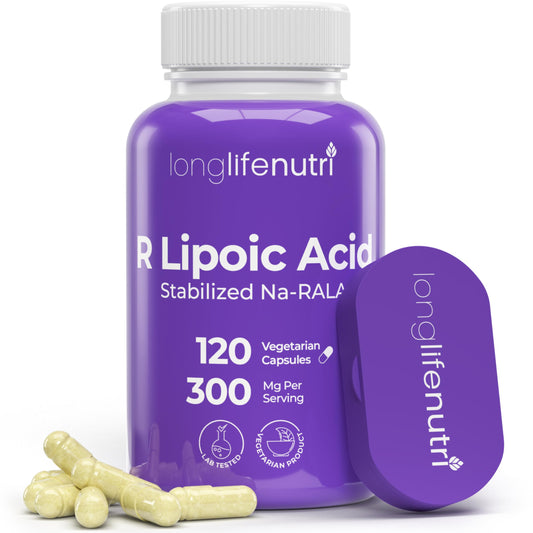 LongLifeNutri Stabilized R-Alpha Lipoic Acid 300mg bottle with 120 vegetarian capsules