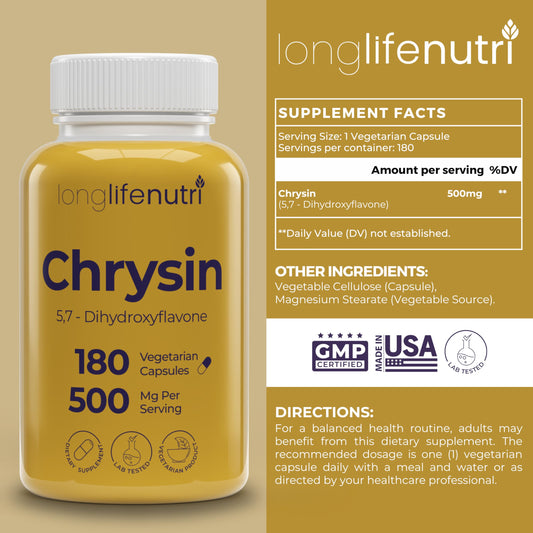 Close-up of LongLifeNutri Chrysin 500mg bottle