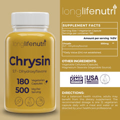 Close-up of LongLifeNutri Chrysin 500mg bottle