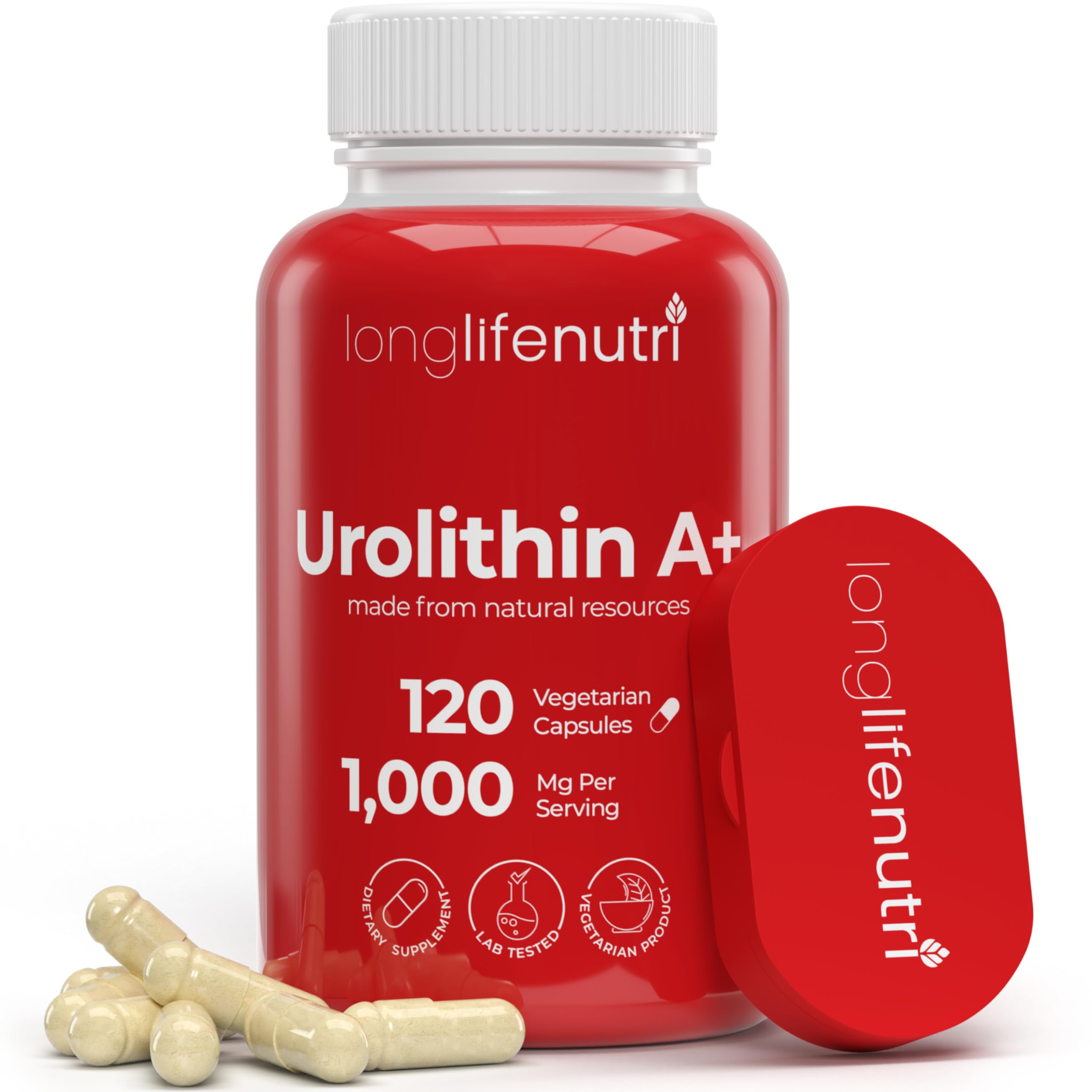 Bottle of LongLifeNutri Urolithin A+ 1000mg supplement