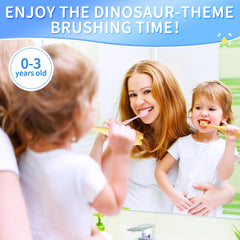 Child brushing teeth with dinosaur toothbrush