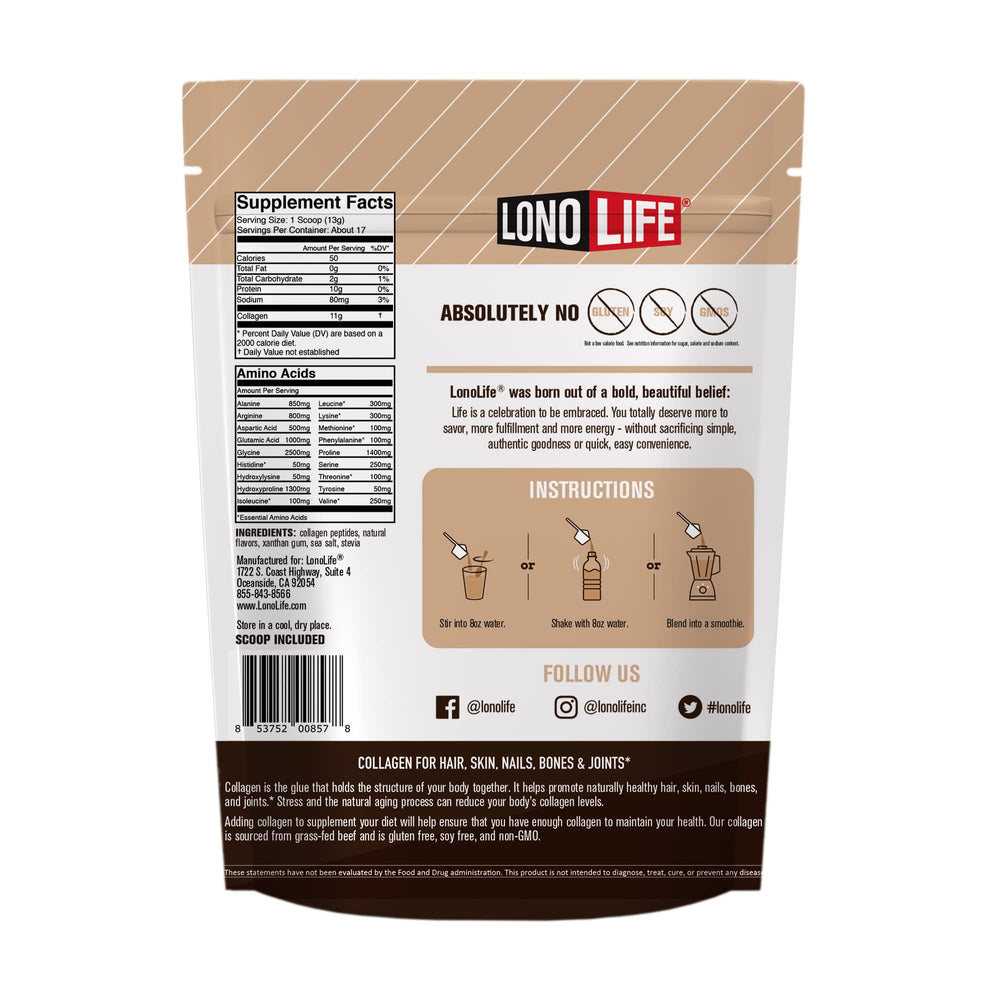 Close-up of mocha collagen peptide powder scoop