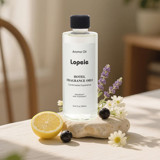 Fragrance oil bottle with labelling and lemon-lavender theme