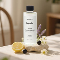 Fragrance oil bottle with labelling and lemon-lavender theme