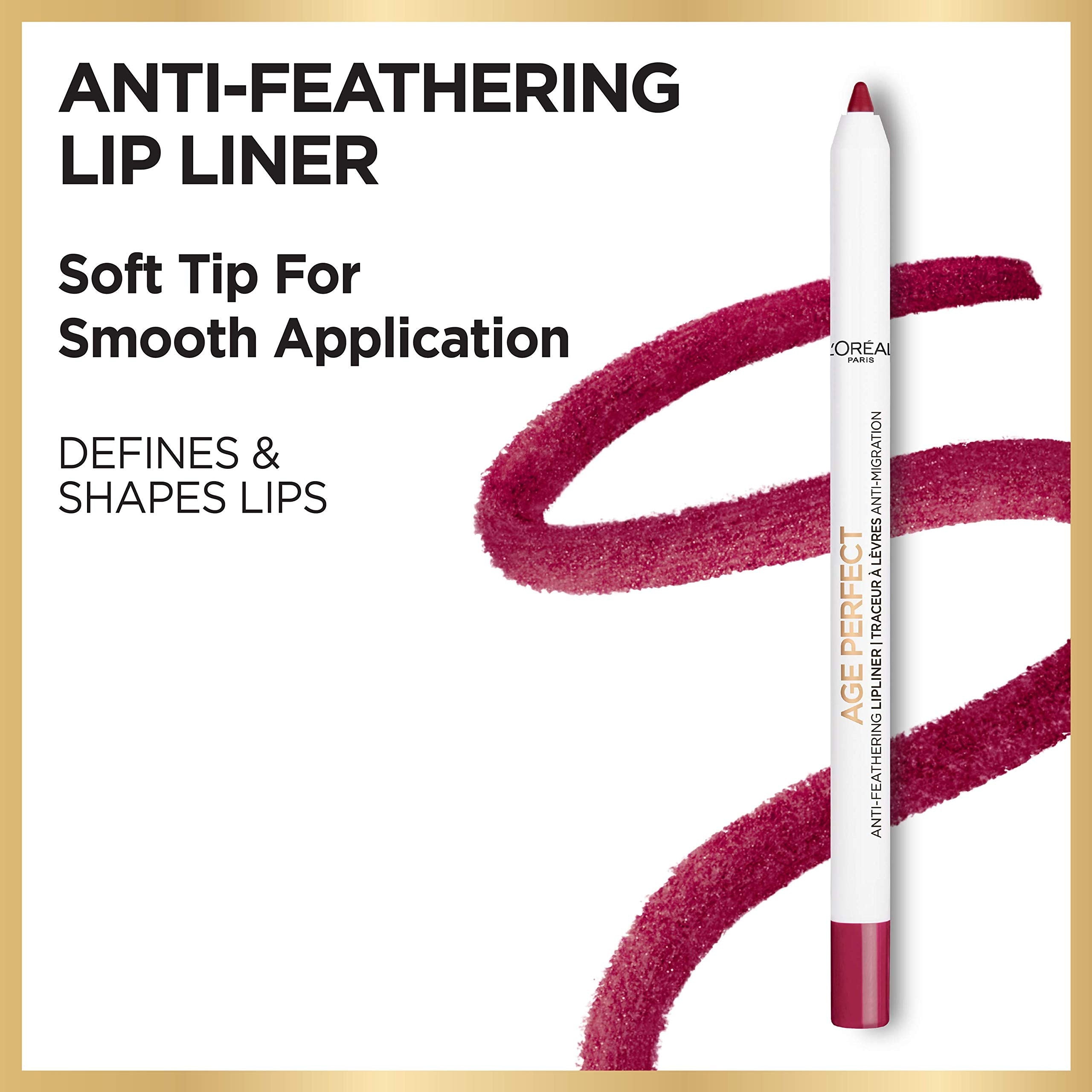L'Oreal Paris Age Perfect Lip Liner with soft-tip applicator enables precise, tug-free lip definition.