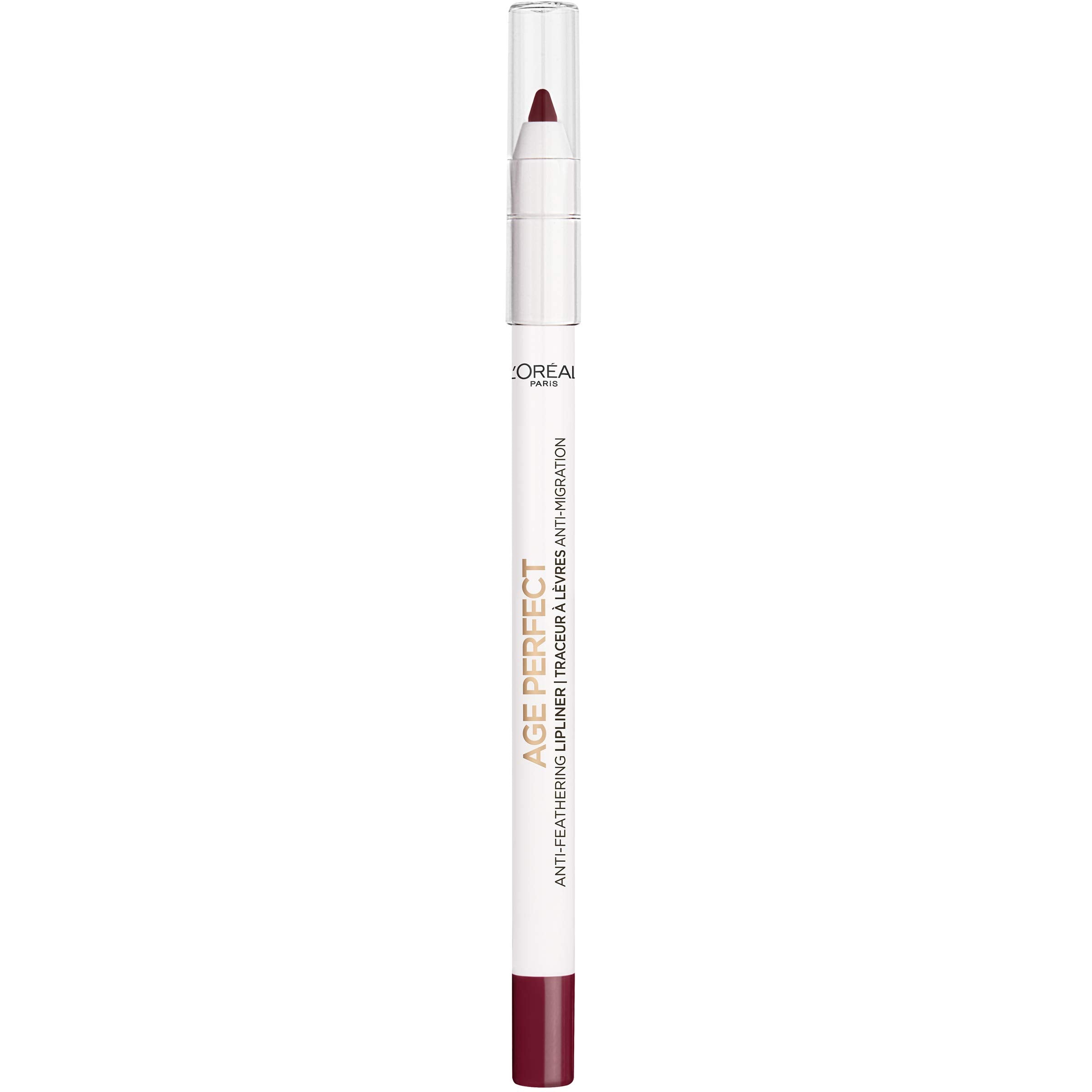 L'Oreal Paris Age Perfect Anti-Feathering Lip Liner demonstrates transfer-free wear for longer-lasting color.