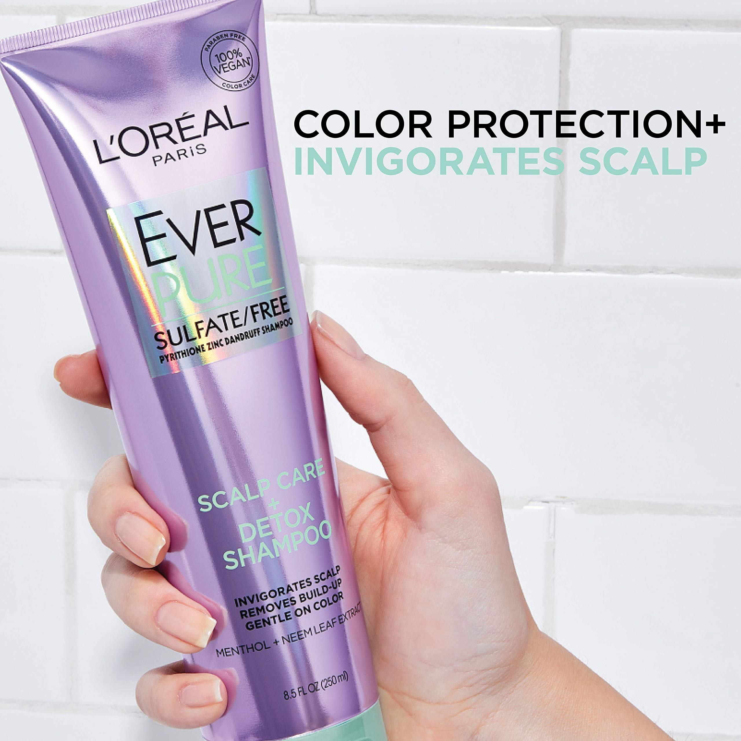 L'Oreal Paris EverPure color-treated care close-up showing hydrated, bouncy hair
