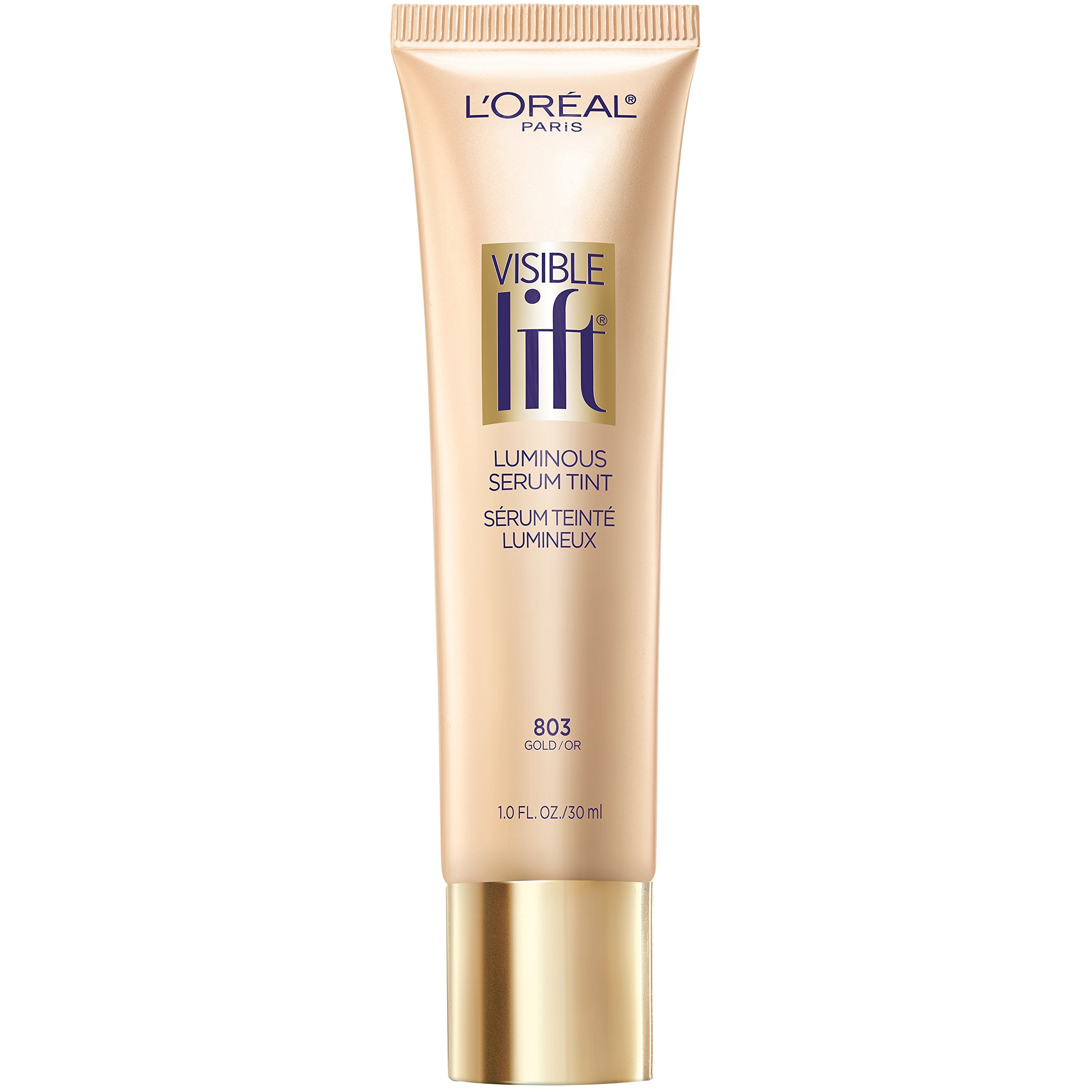 L'Oreal Paris Visible Lift Serum Tint Gold bottle highlights hydrating glow for smooth skin.