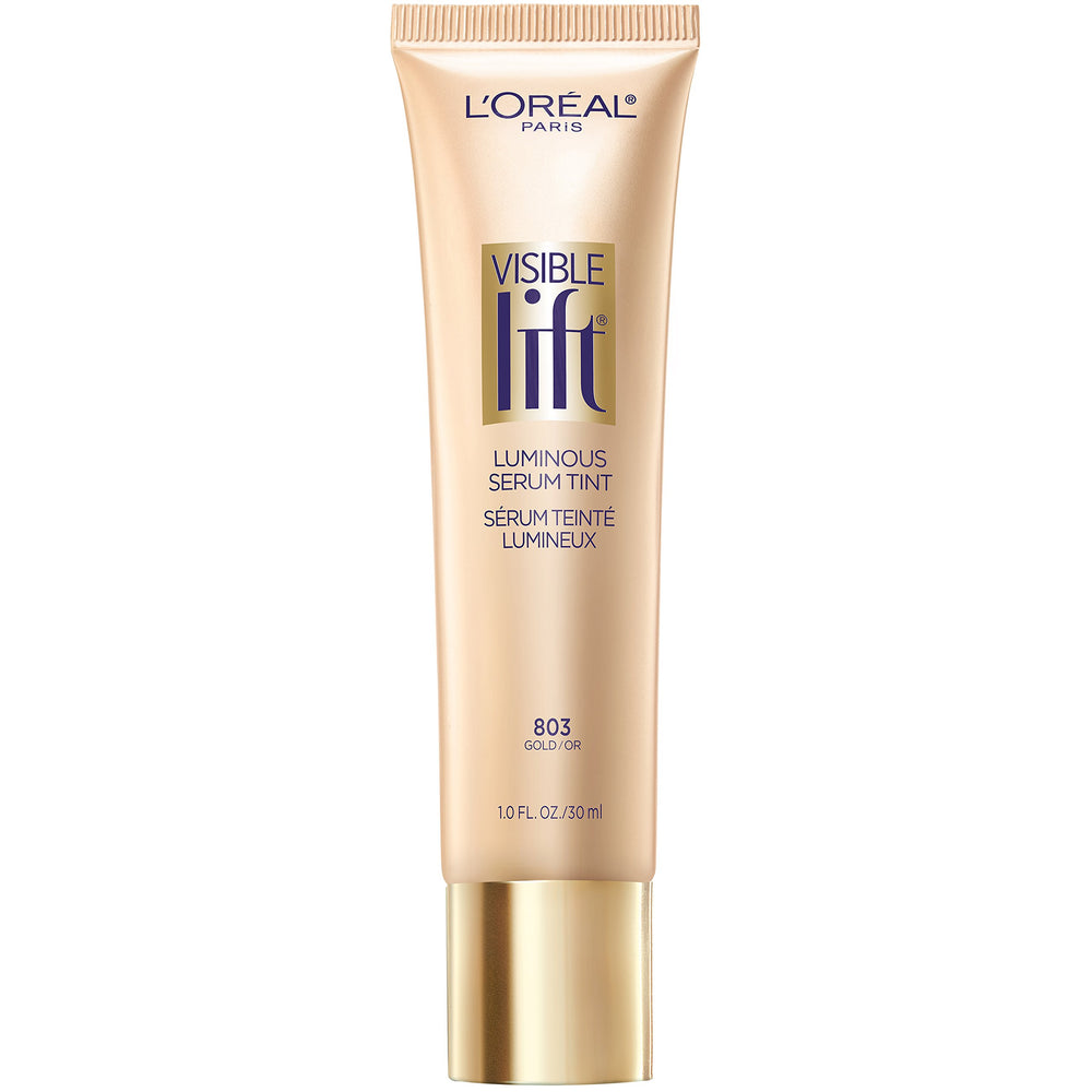 L'Oreal Paris Visible Lift Serum Tint Gold bottle highlights hydrating glow for smooth skin.