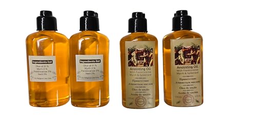 Close-up of Anointing Oil bottles showing Frankincense, Myrrh and Spikenard labeling