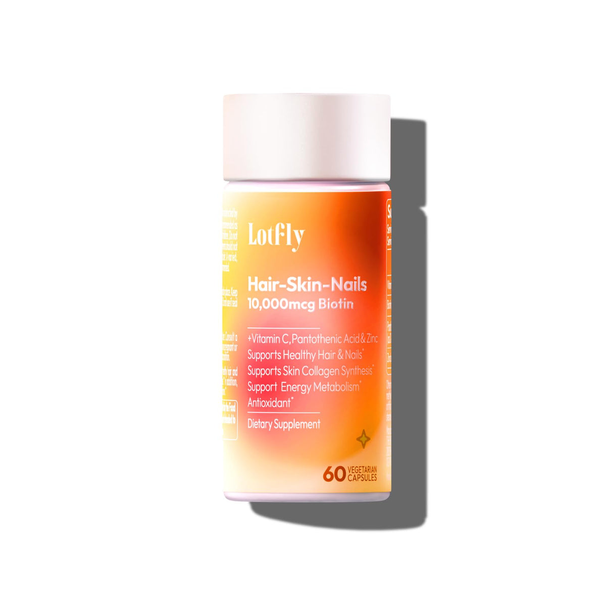 LOTFLY Biotin 10000 mcg bottle with zinc, vitamin C and calcium pantothenate label
