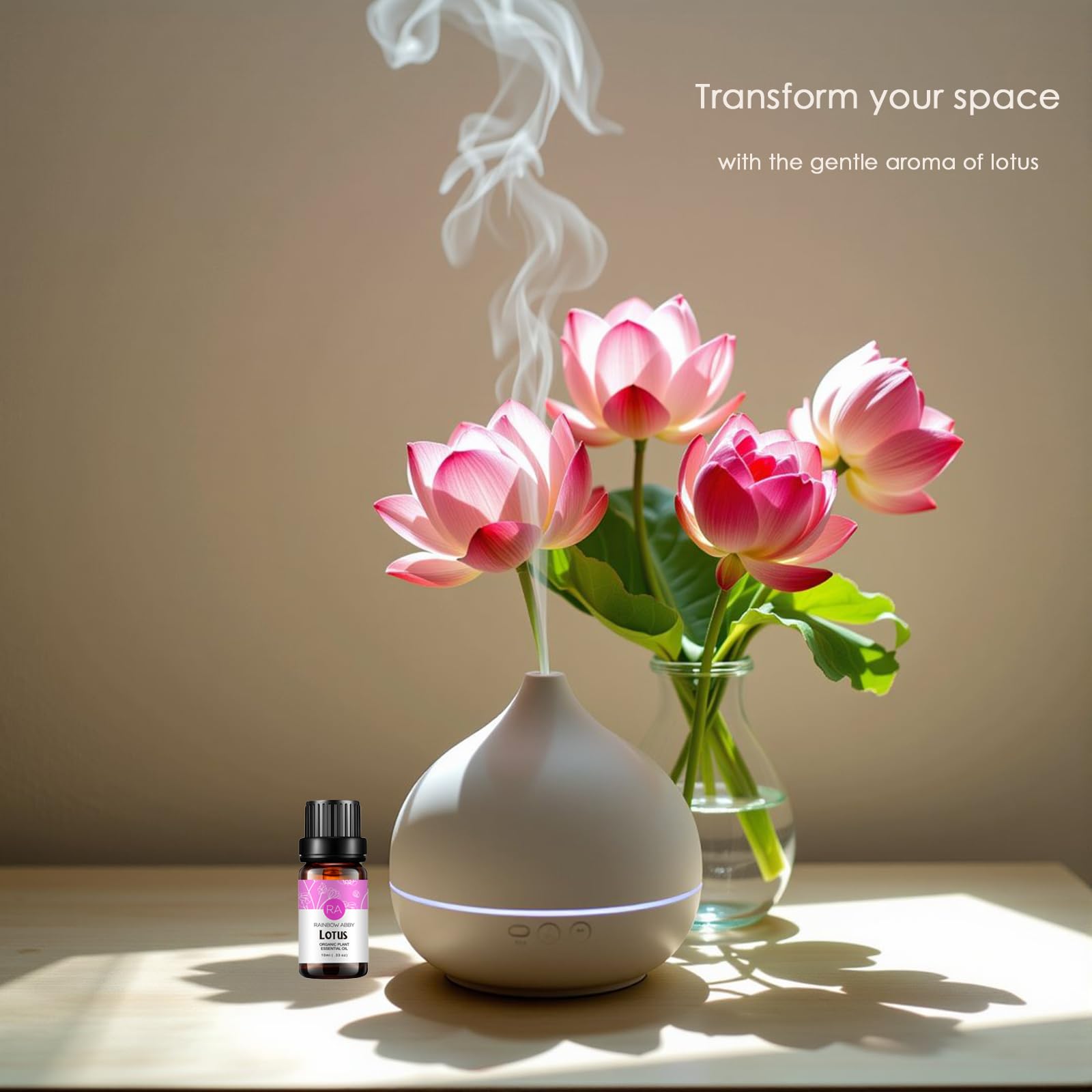 Lotus essential oil being used with a diffuser