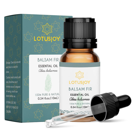 LotusJoy balsam fir essential oil bottle with amber glass and dropper