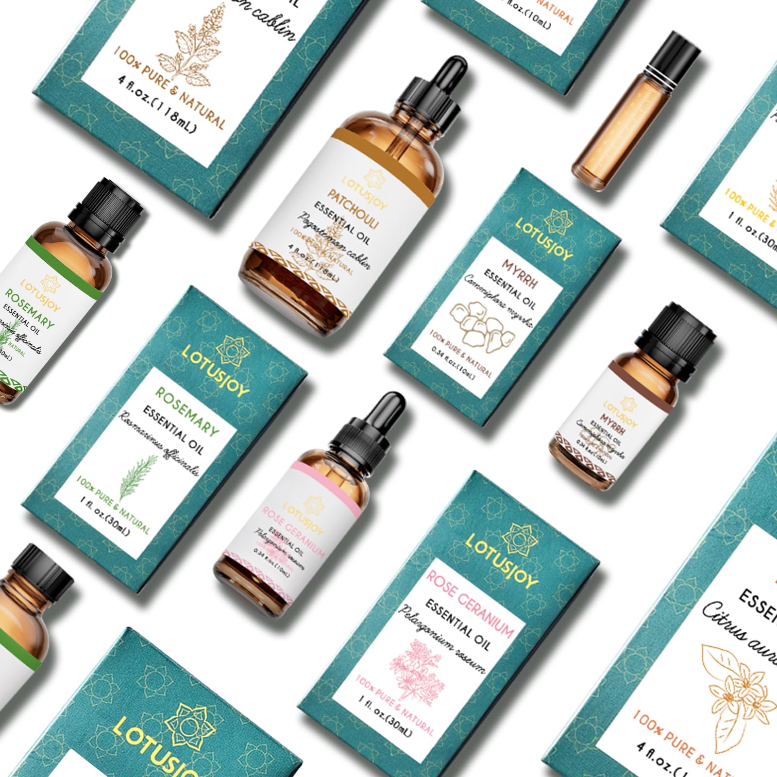 Flat lay of essential oil bottle and diffuser accessories