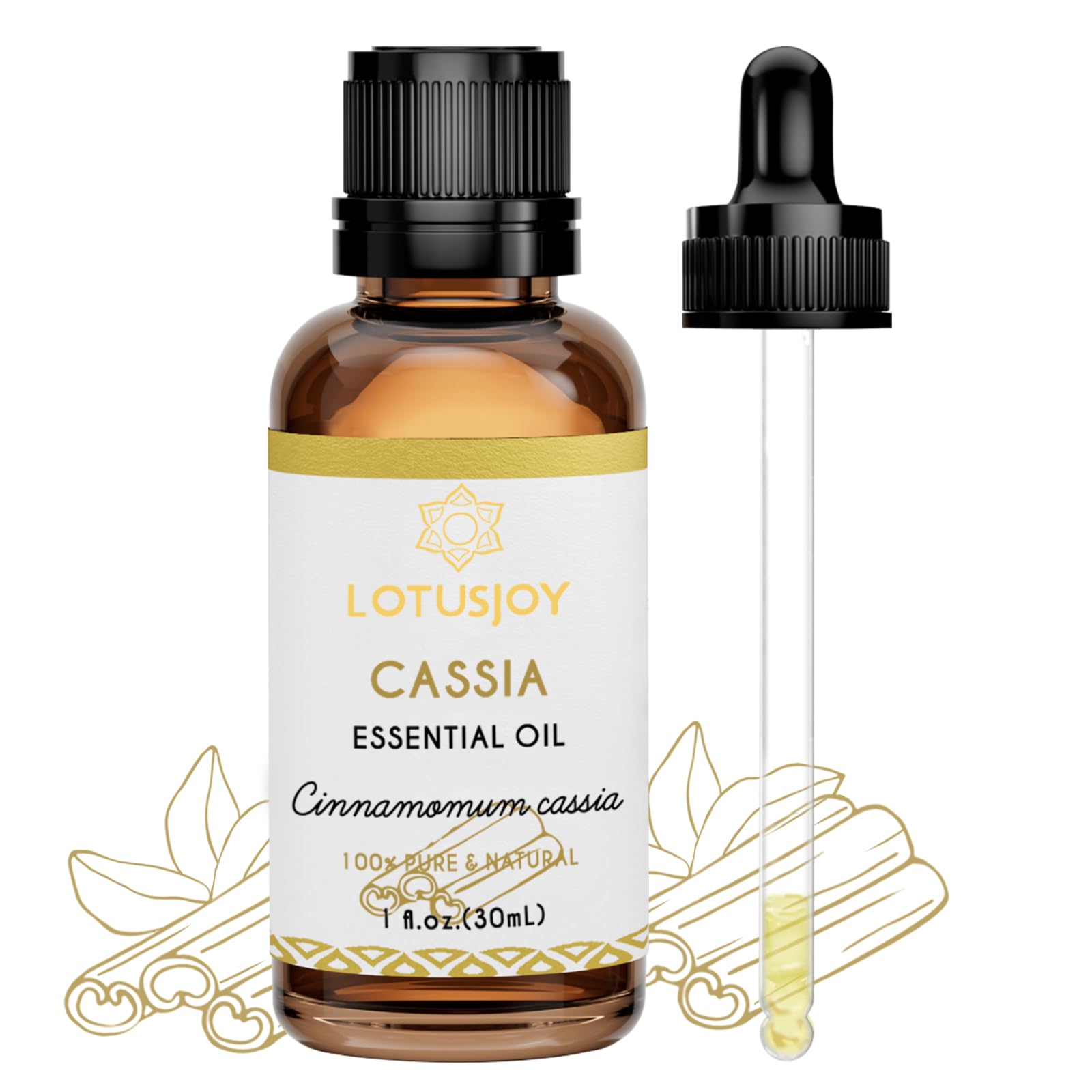 Amber glass bottle of LOTUSJOY Cassia Cinnamon Bark Essential Oil, 1 oz