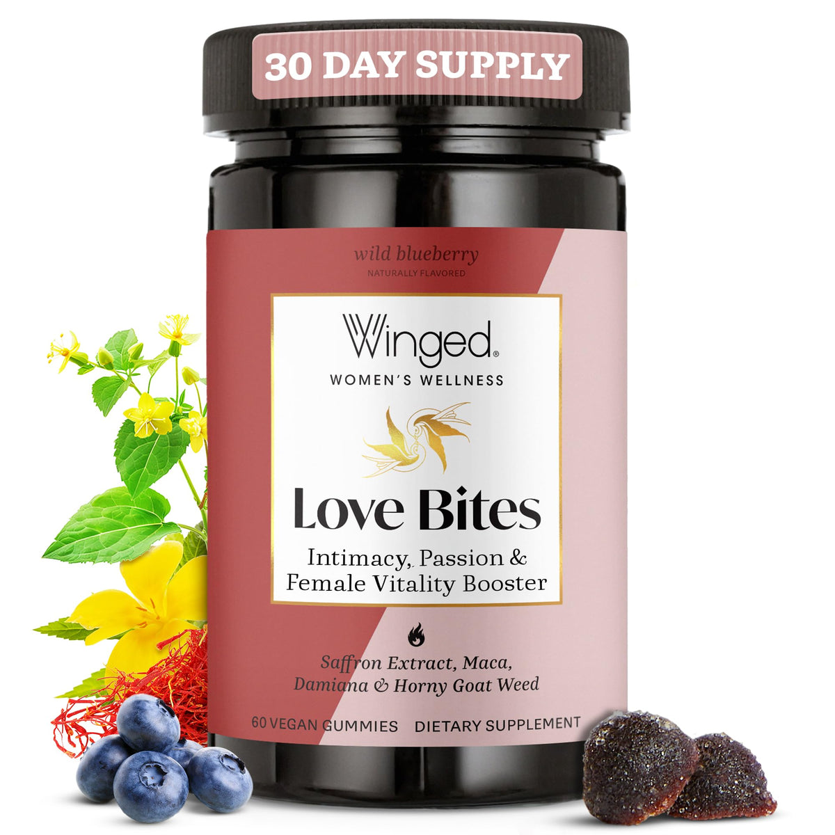 Winged Wellness Love Bites hero image featuring gummies