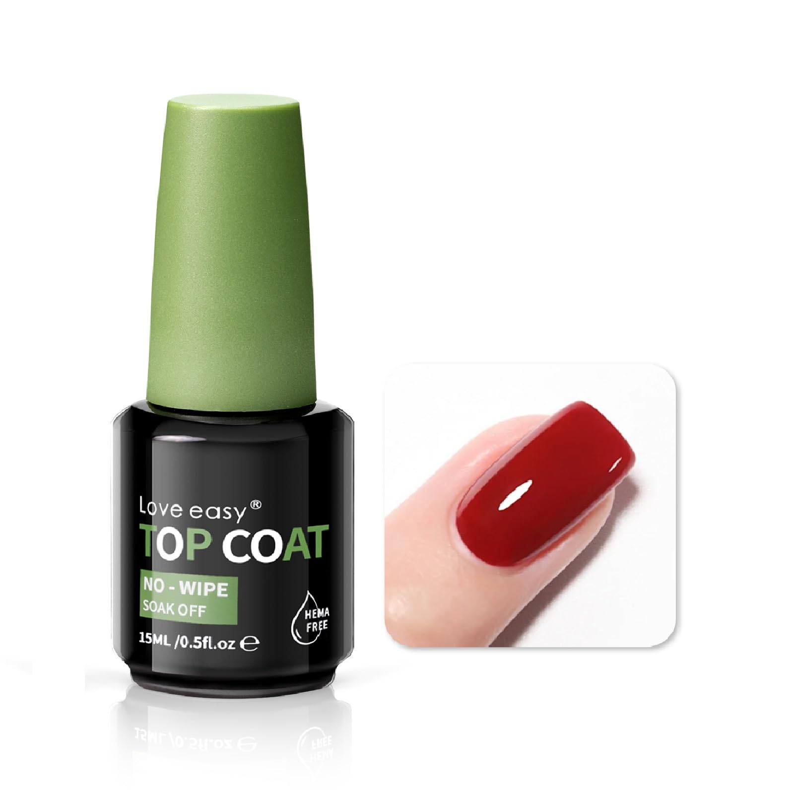 Love Easy Top Coat bottle with wide brush for smooth, one-stroke nail application.