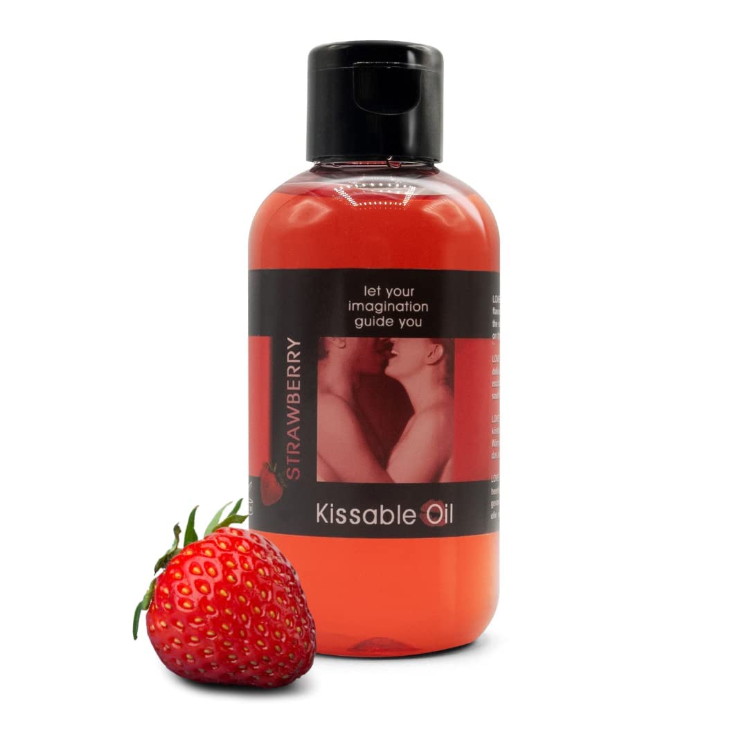 Lifestyle shot of couple enjoying strawberry kissable oil