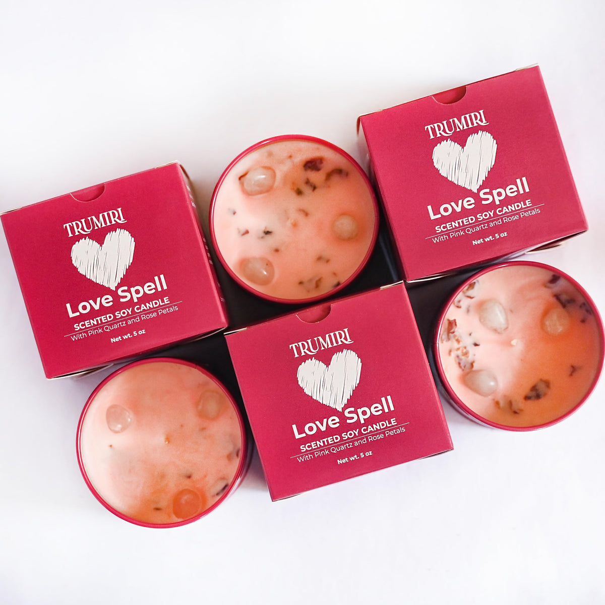 Love Spell scented candle trio with rose petals and crystals - 3 x 5oz