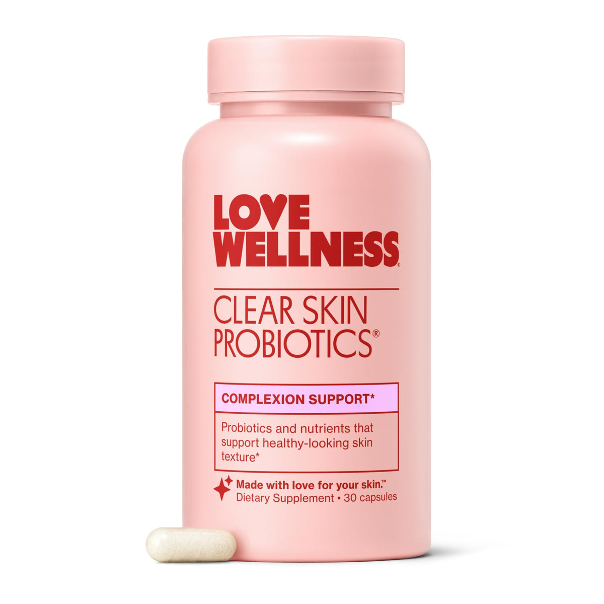 Love Wellness Clear Skin Probiotic bottle - front view