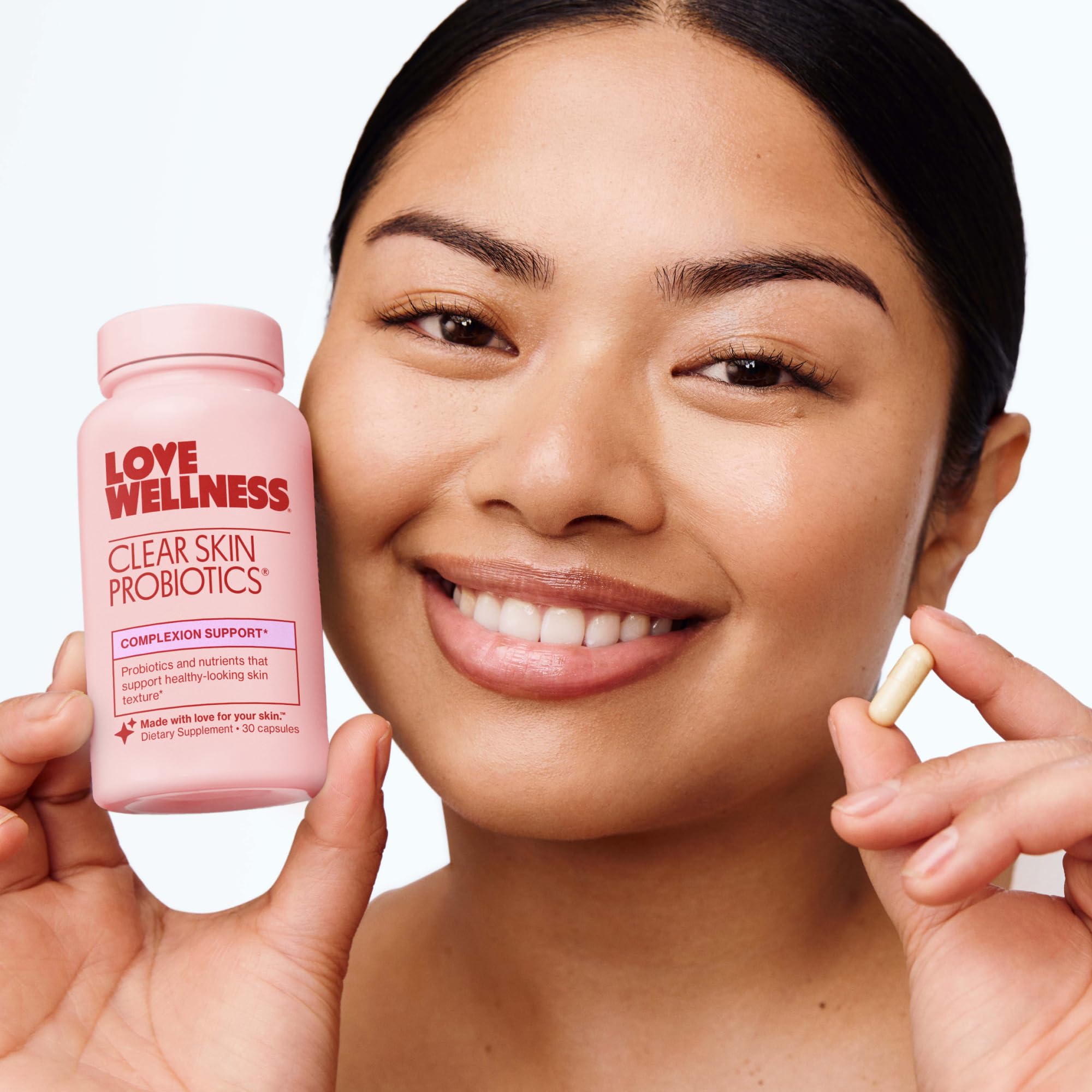 Close-up of Love Wellness Clear Skin Probiotic bottle label