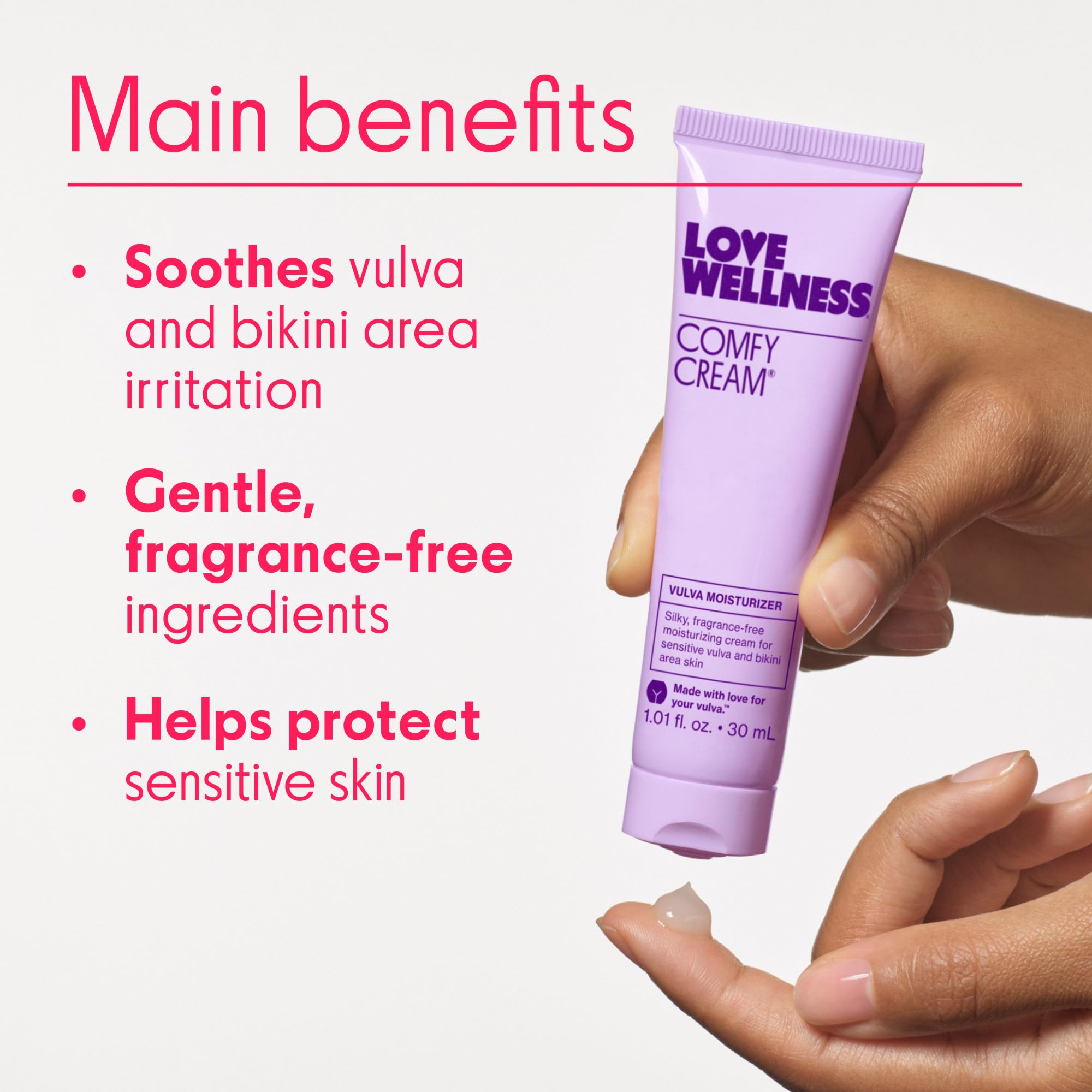 Love Wellness Comfy Cream application on skin demonstrates smooth absorption for daily use.