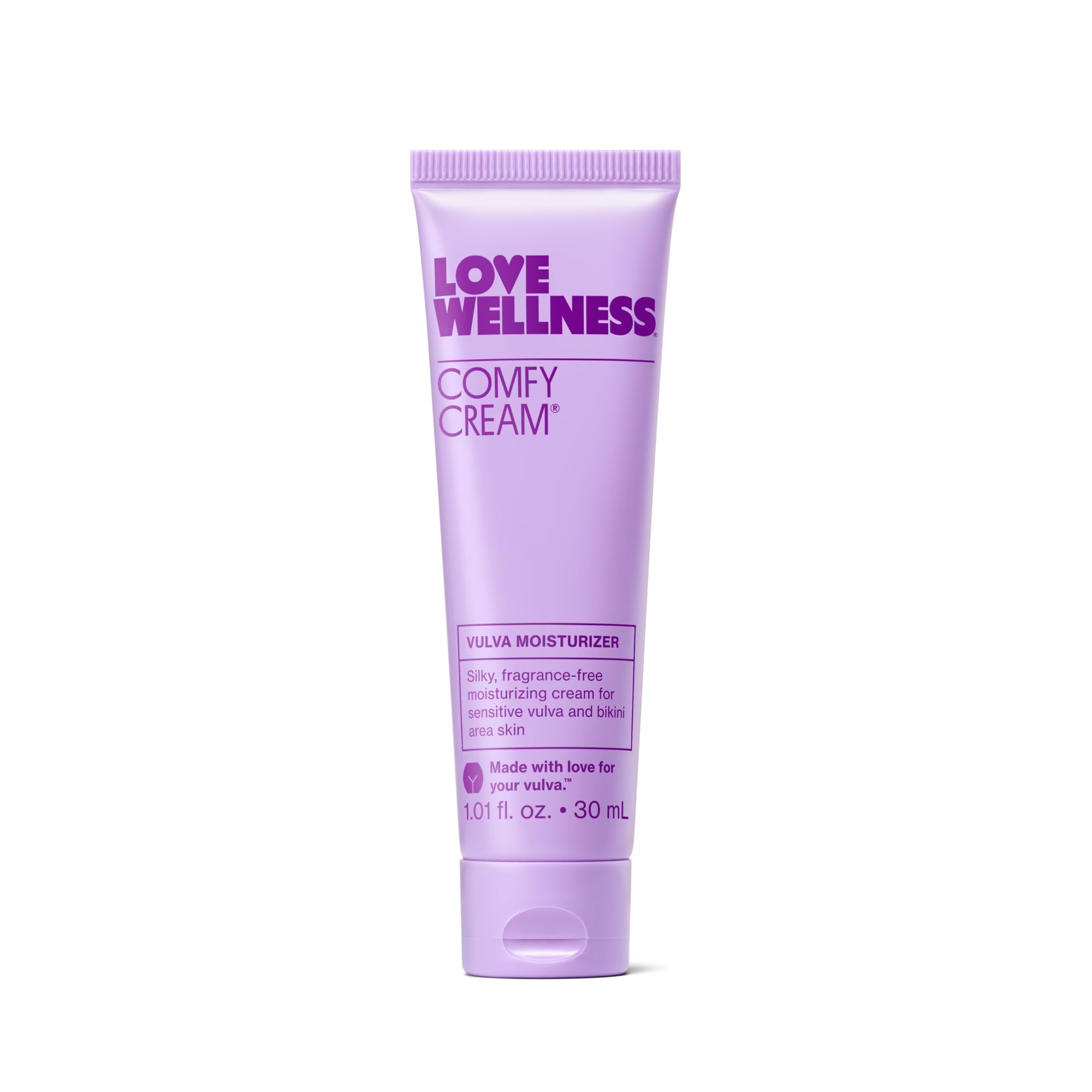 Love Wellness Comfy Cream bottle provides gentle moisture for sensitive vulvar skin.