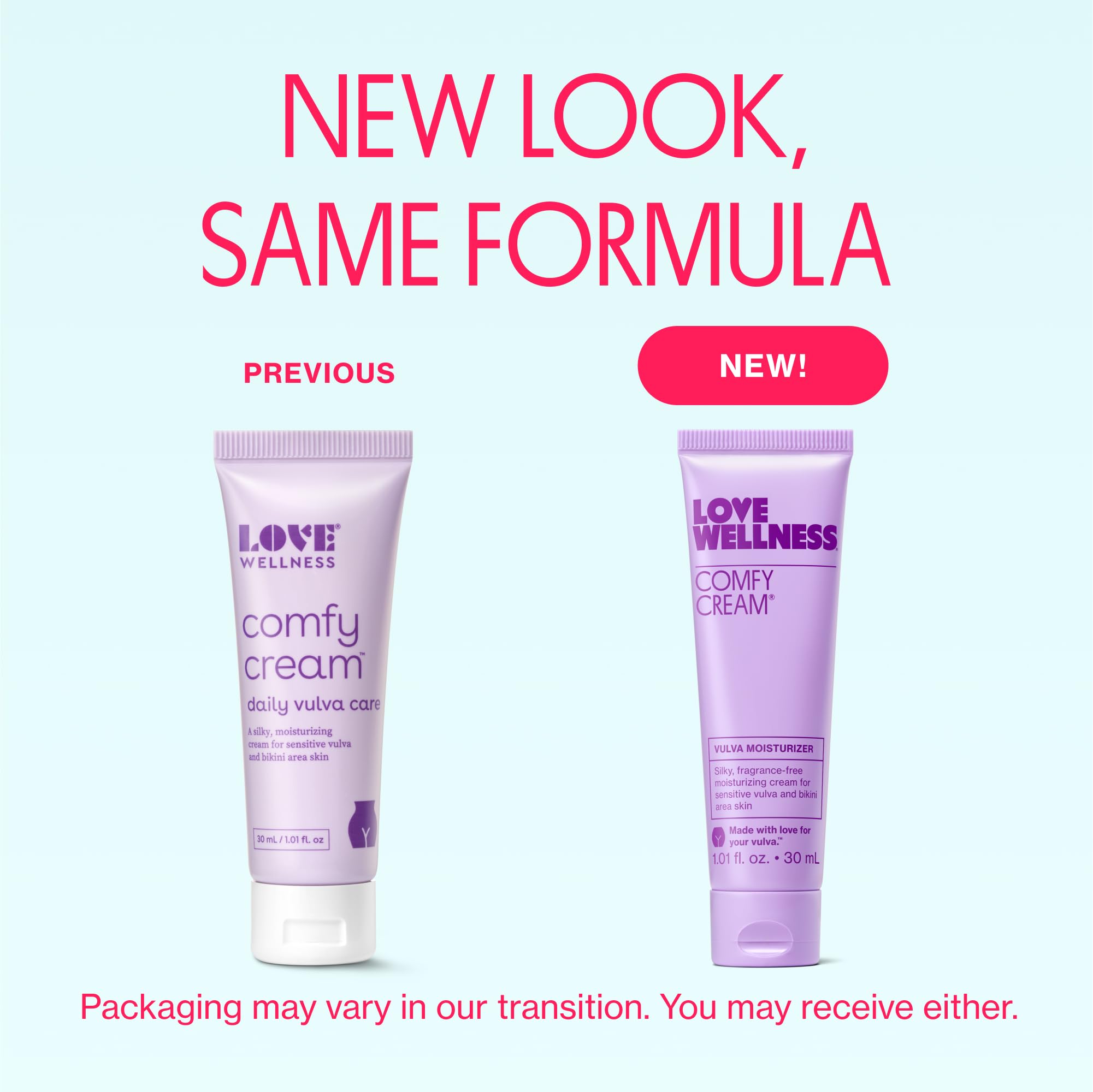 Love Wellness Comfy Cream label close-up emphasizes fragrance-free formula for sensitive skin.